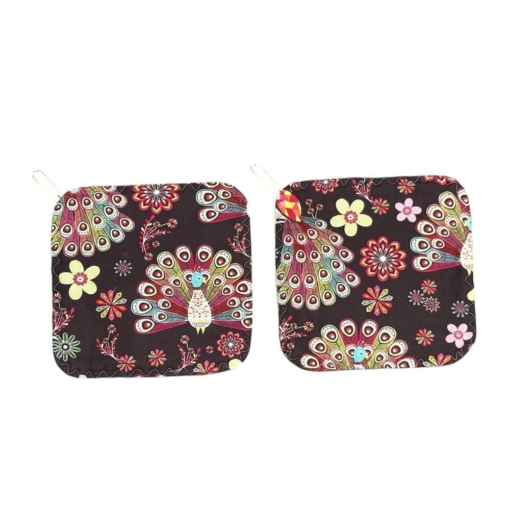 POTHOLDERS, Set of 2, Handmade, Peacocks, feathers, brown, green, fuchsia, 8”